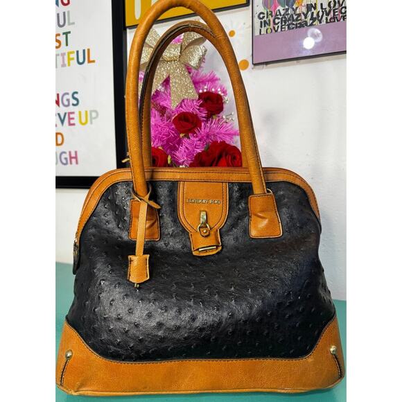 London Fog  Satchel Purse - Faux Ostrich Leather - Classic Structured Bag - Picture 1 of 6